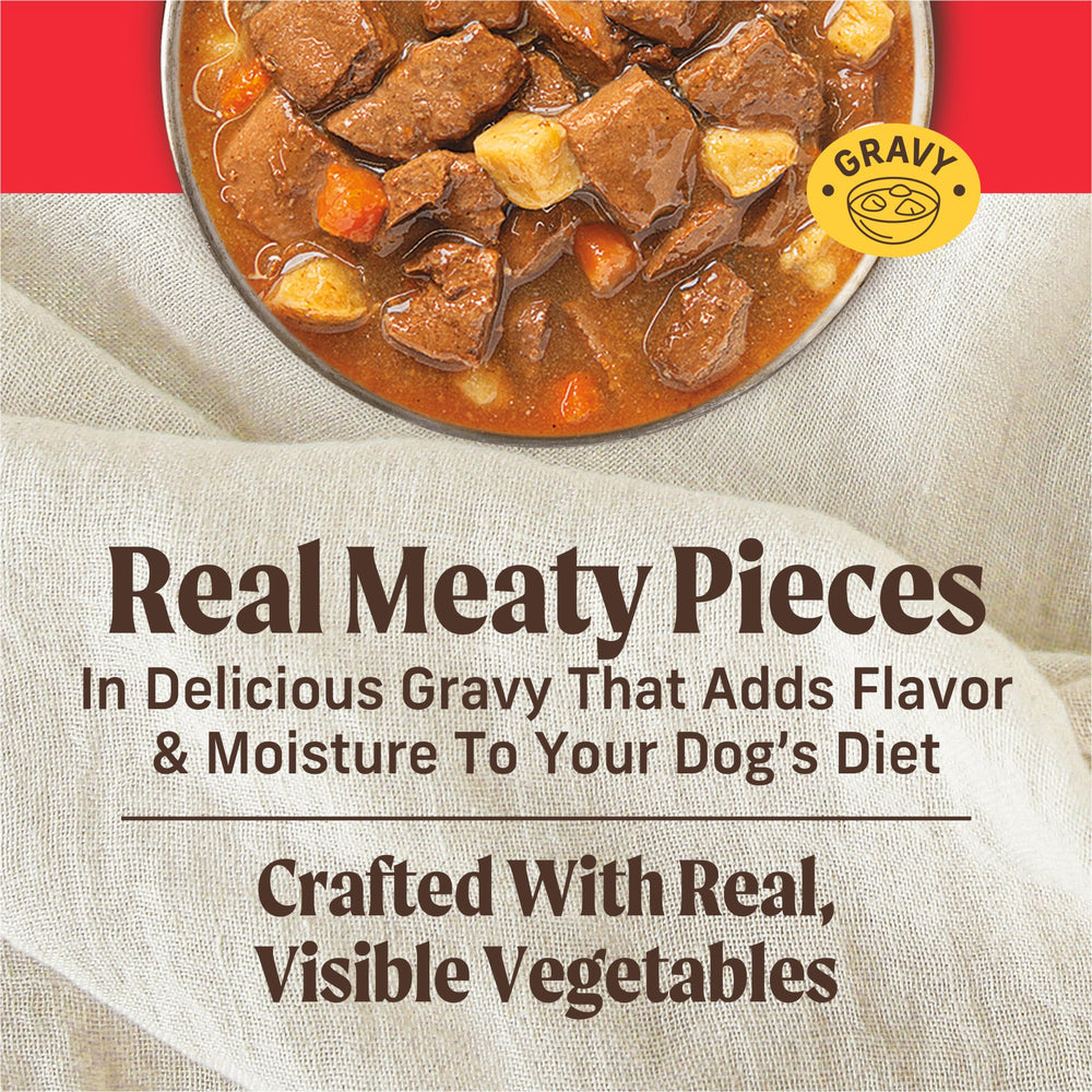 Chunky grain free Merrick beef pieces for protein and satisfying texture