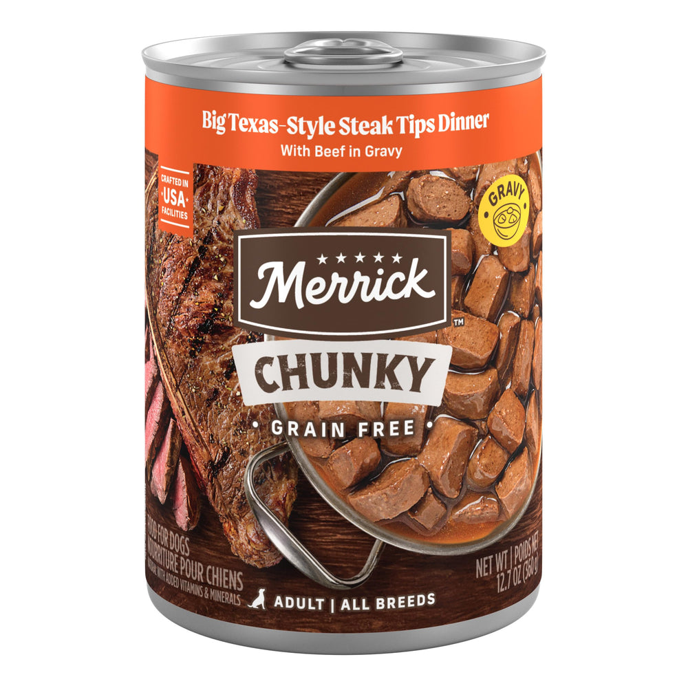 Merrick Chunky Grain Free Big Texas Steak Tips Dinner cans for hearty meals