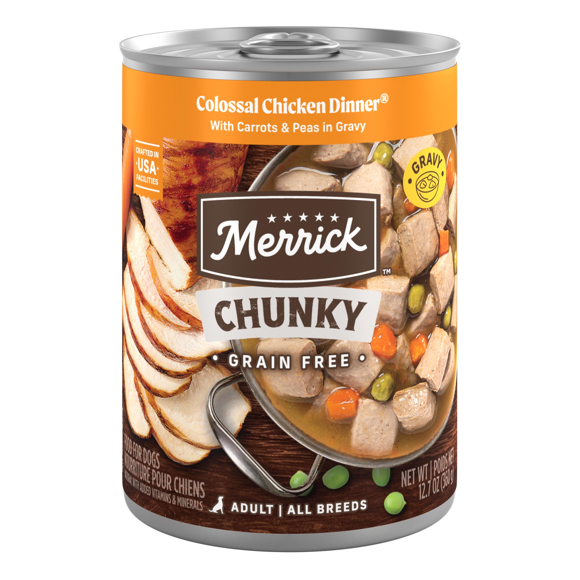 Merrick Chunky Grain Free Colossal Chicken Dinner in Gravy can front, ideal standalone meal.