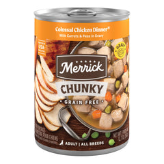 Merrick Chunky Grain Free Colossal Chicken Dinner in Gravy can front, ideal standalone meal.