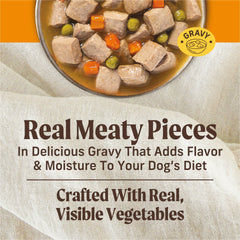 Merrick Chunky Grain Free Colossal Chicken Dinner in Gravy ingredients closeup, real chicken content.