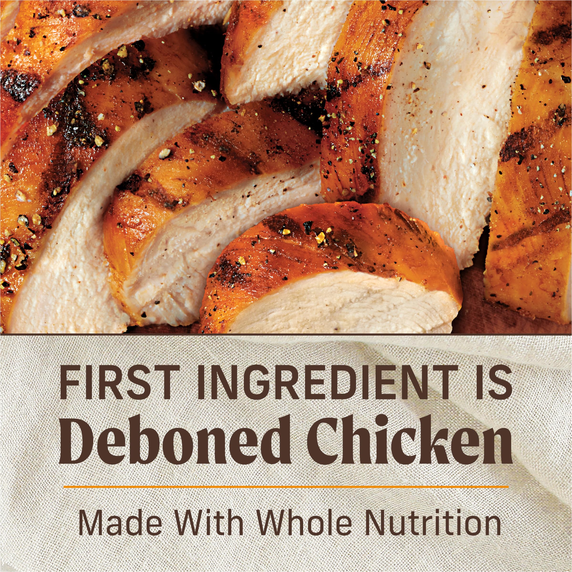 Merrick Chunky Grain Free Colossal Chicken Dinner in Gravy pull-tab can, easy serving.