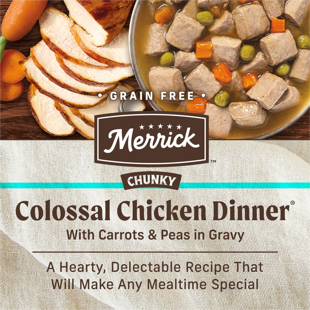 Merrick Chunky Grain Free Colossal Chicken Dinner in Gravy saucy closeup, moisture-rich bite.