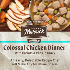Merrick Chunky Grain Free Colossal Chicken Dinner in Gravy saucy closeup, moisture-rich bite.