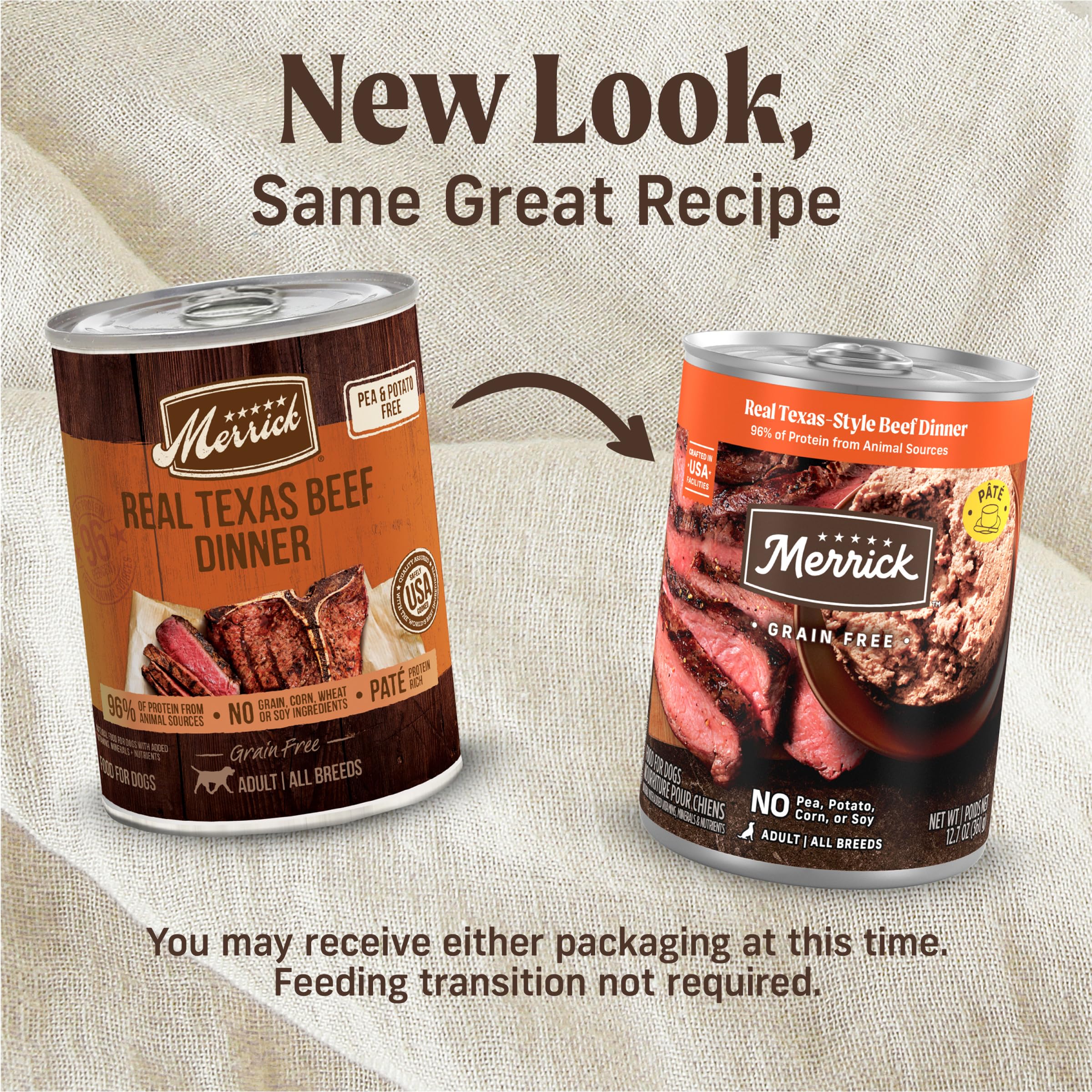 Merrick Real Texas Beef Dinner shows deboned beef as the first ingredient
