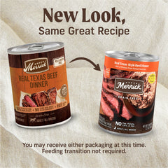 Merrick Real Texas Beef Dinner shows deboned beef as the first ingredient