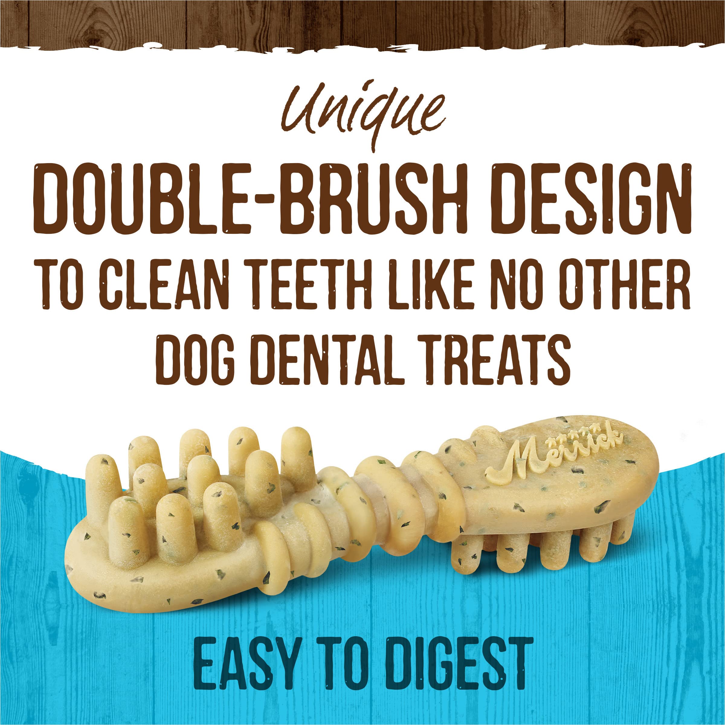 Merrick Fresh Kisses double-brush chews shown mid-chew for thorough cleaning.