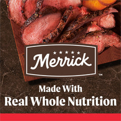 Merrick dry dog food ingredients panel close-up featuring beef as the first ingredient