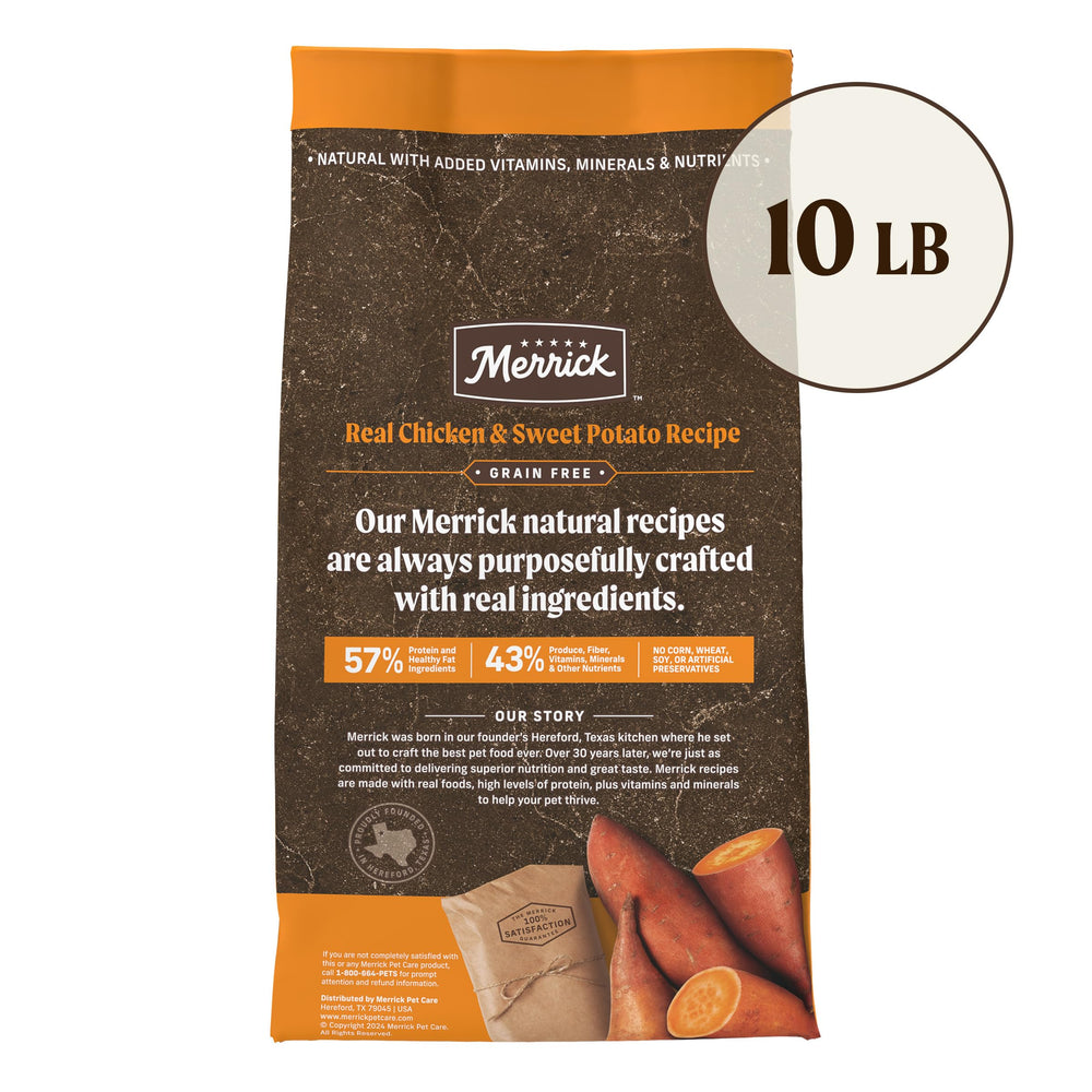 Merrick grain free formula contains no corn, wheat, or soy for sensitive digestions.
