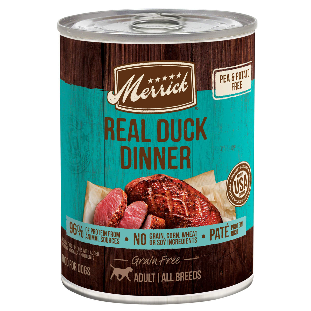 Merrick Duck Dinner canned dog food with pull-tab for easy serving.