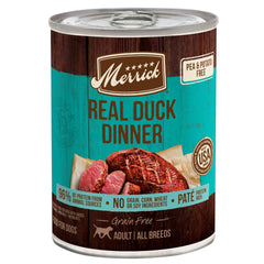 Merrick Duck Dinner canned dog food with pull-tab for easy serving.