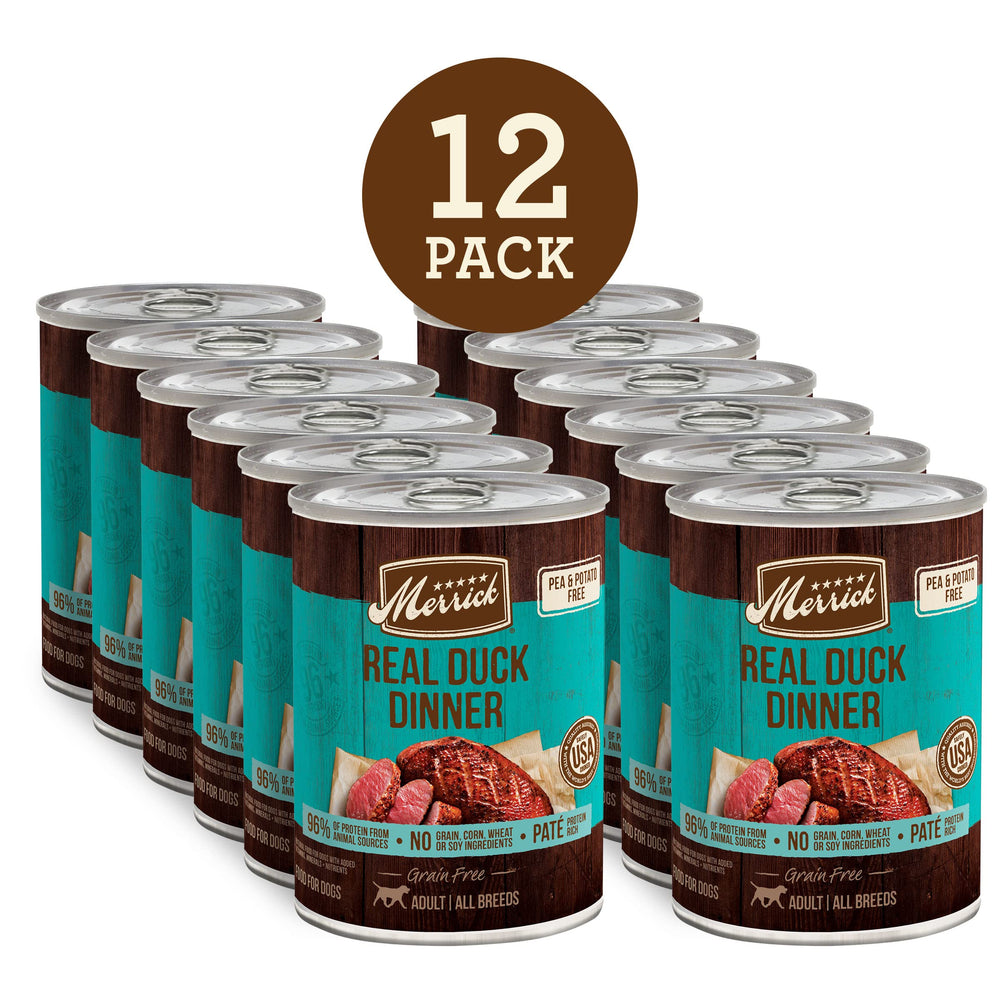 Merrick real deboned duck first ingredient signals protein-rich recipe.