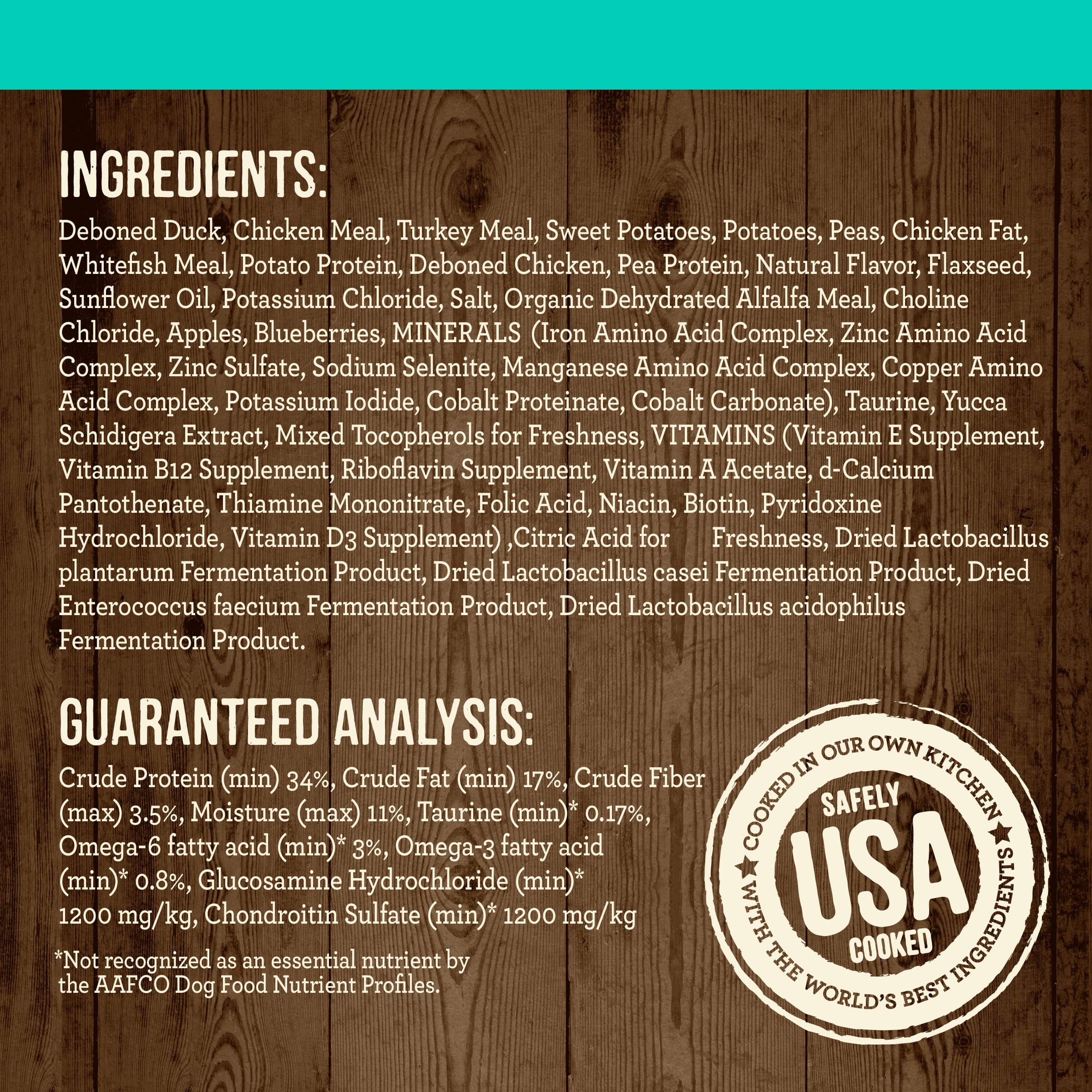 Bag of Merrick duck kibble pouring, omega fatty acids shown for coat health