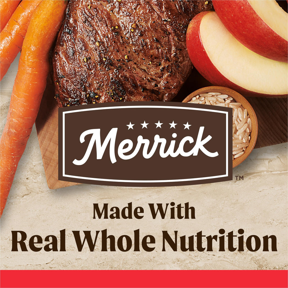Merrick Healthy Grains kibble highlighting whole grains for easy digestion