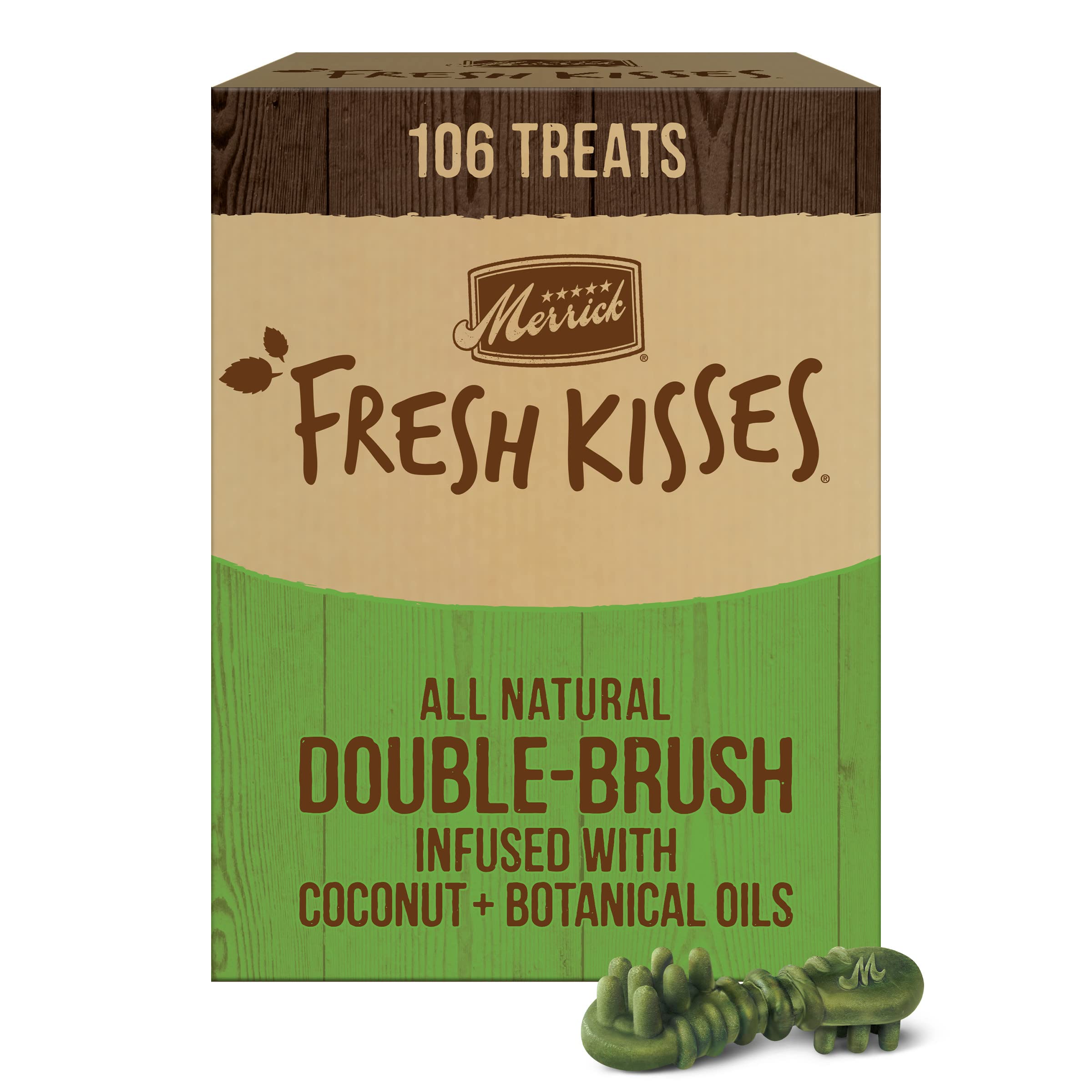 This image shows the Merrick Fresh Kisses packaging for tiny dogs, 106 count.
