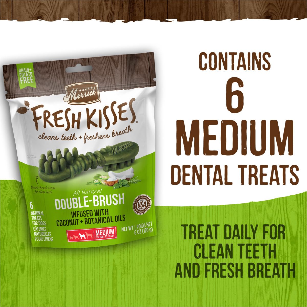 Merrick Fresh Kisses medium chew in bowl invites daily use.