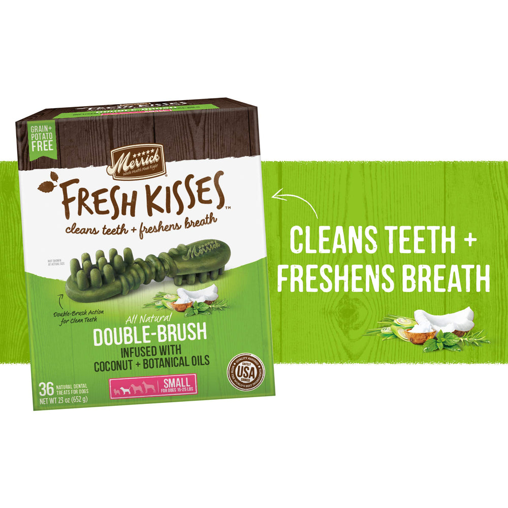 Close-up of Merrick Fresh Kisses chews with coconut oil for dental care.