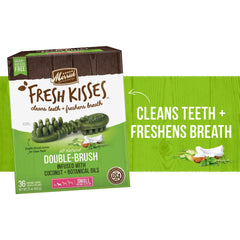 Close-up of Merrick Fresh Kisses chews with coconut oil for dental care.