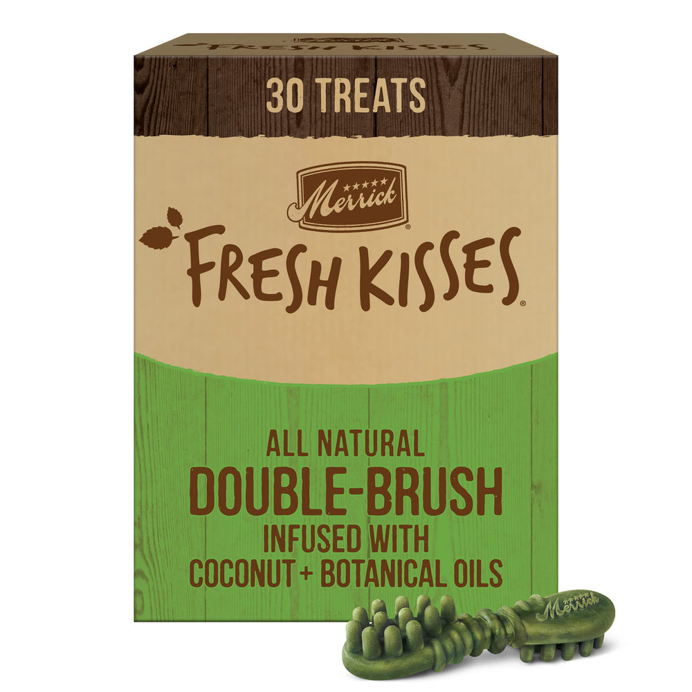 Merrick Fresh Kisses packaging shown for easy daily dental care.