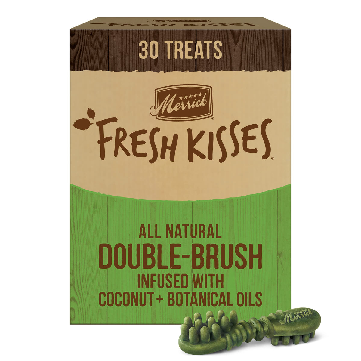 Merrick Fresh Kisses packaging shown for easy daily dental care.