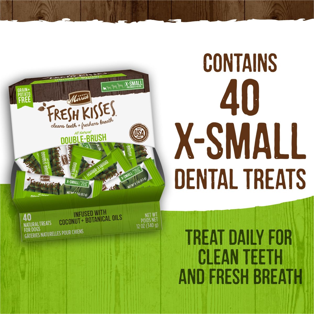 Happy dog enjoying the chews, hinting at fresh breath after use.