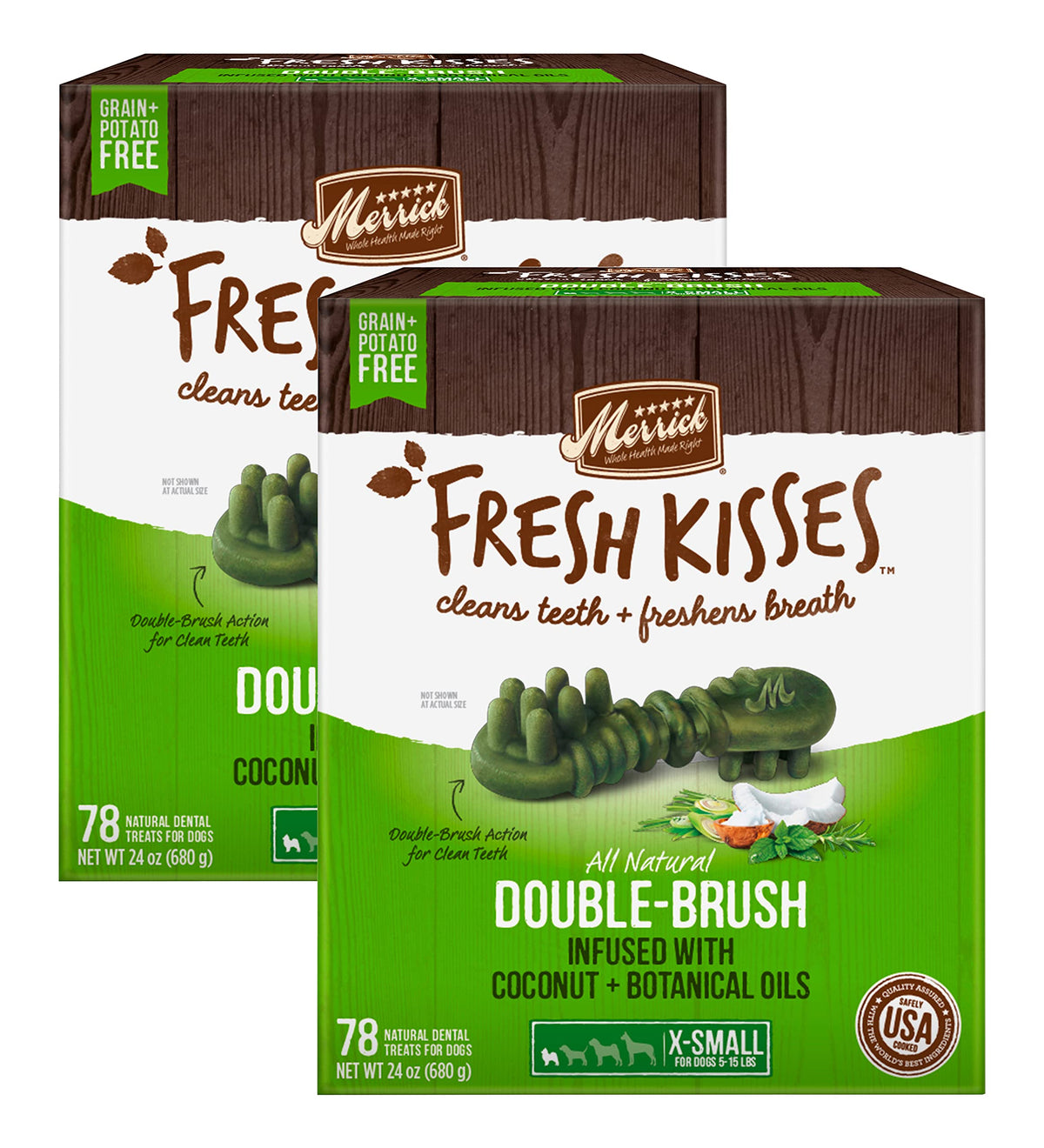 Merrick Fresh Kisses double-brush toy breed pack promotes cleaner teeth as dogs chew