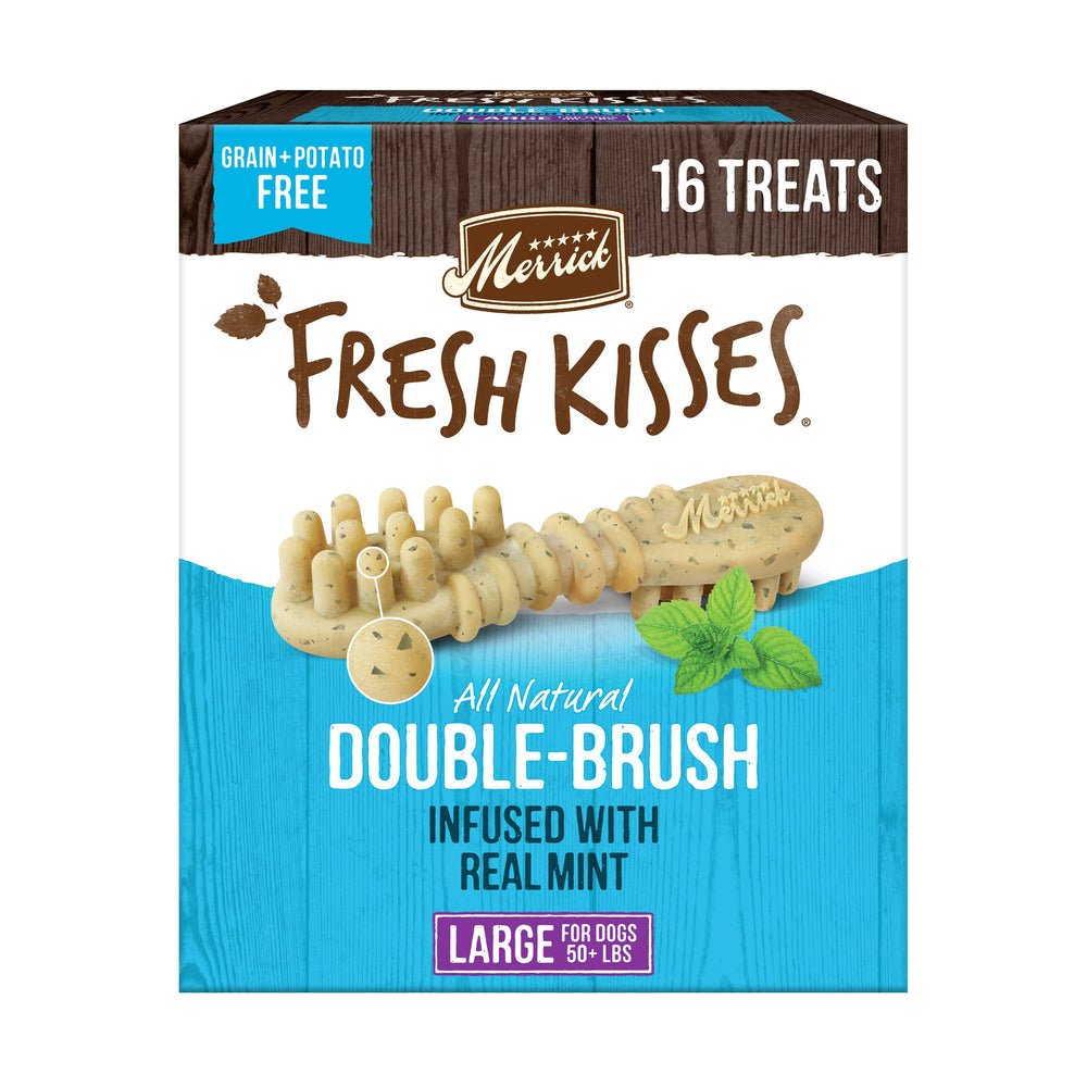 Merrick Fresh Kisses front box illustrating large-dog dental chews for fresher breath