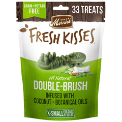 Merrick Fresh Kisses packaging front promotes fresh breath for tiny dogs