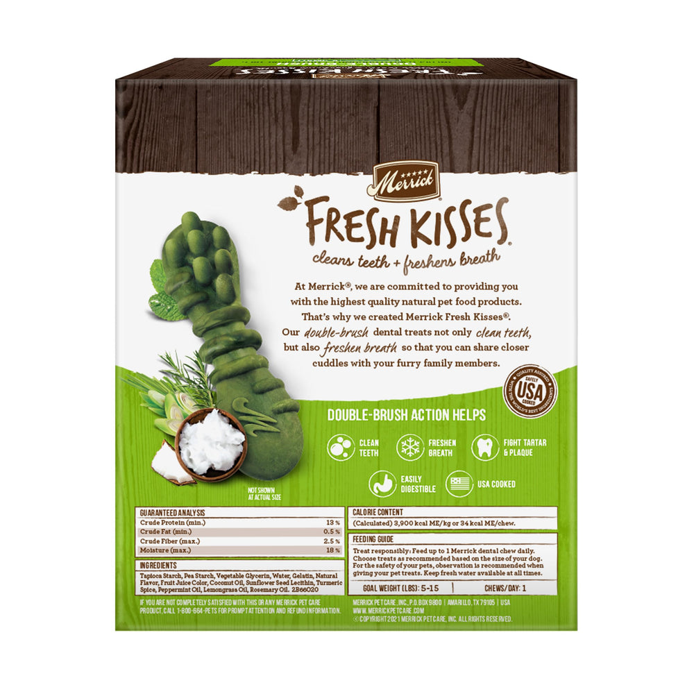 Merrick Fresh Kisses small-dog chew in bowl with grain-free formula.