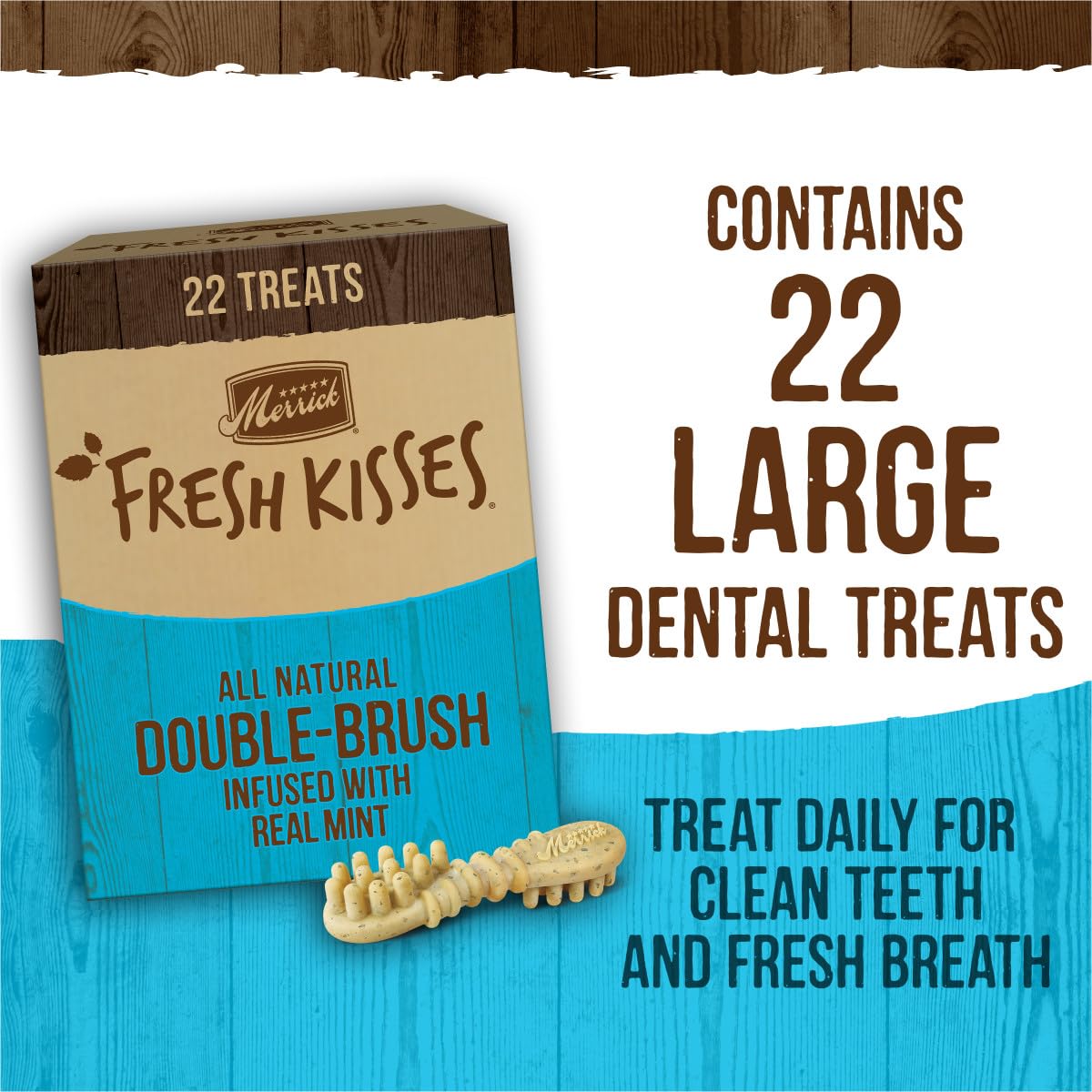 Merrick Fresh Kisses 22-count box and mint-infused chews highlight large-dog friendly dental care.