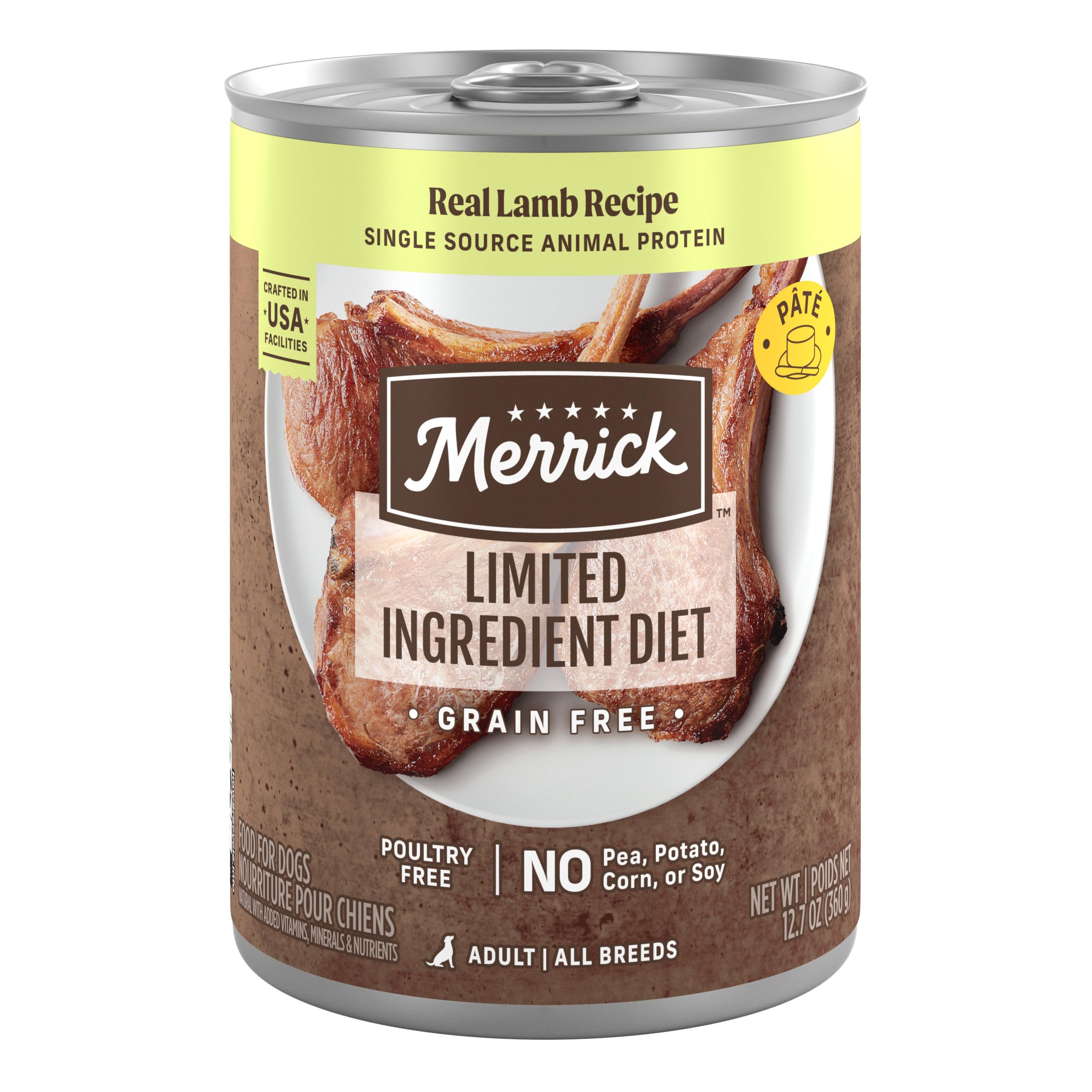 Merrick limited-ingredient lamb front can highlights grain-free recipe for sensitive stomachs.
