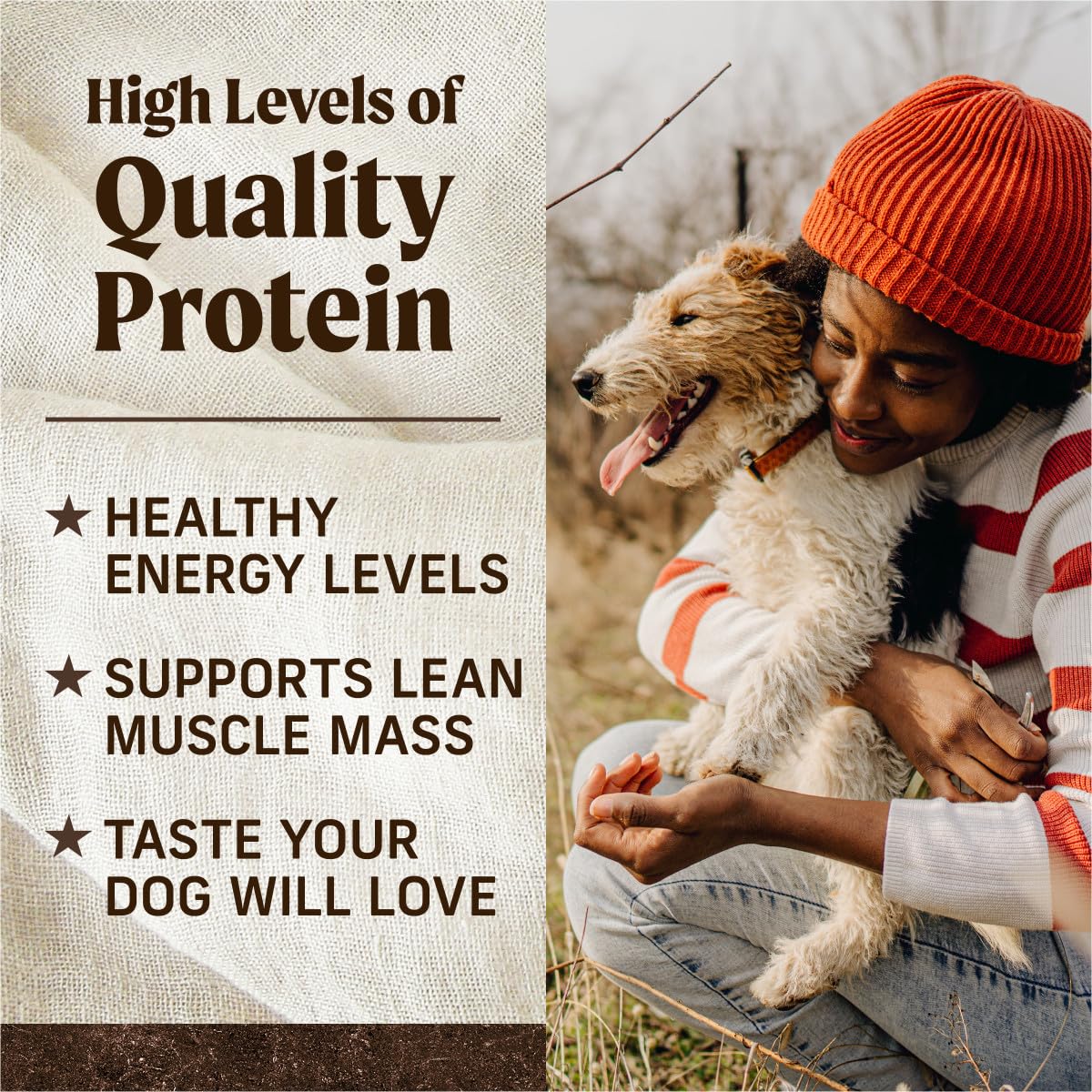 Merrick grain-free bag lifestyle shot featuring a healthy-coated dog