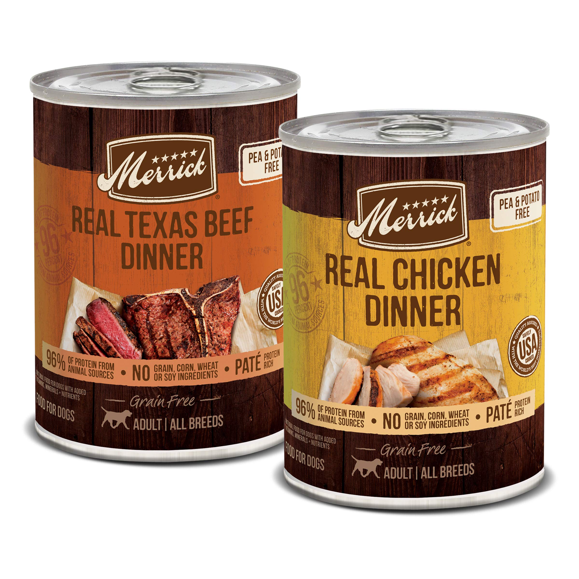 Merrick grain free beef dinner can showing real beef first ingredient.
