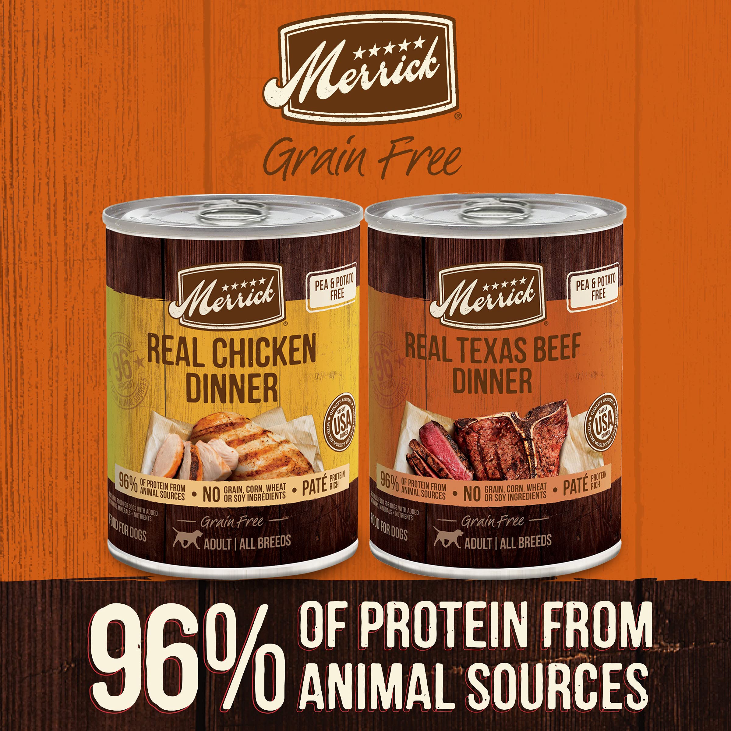 Merrick grain free chicken dinner can showing real chicken first ingredient.