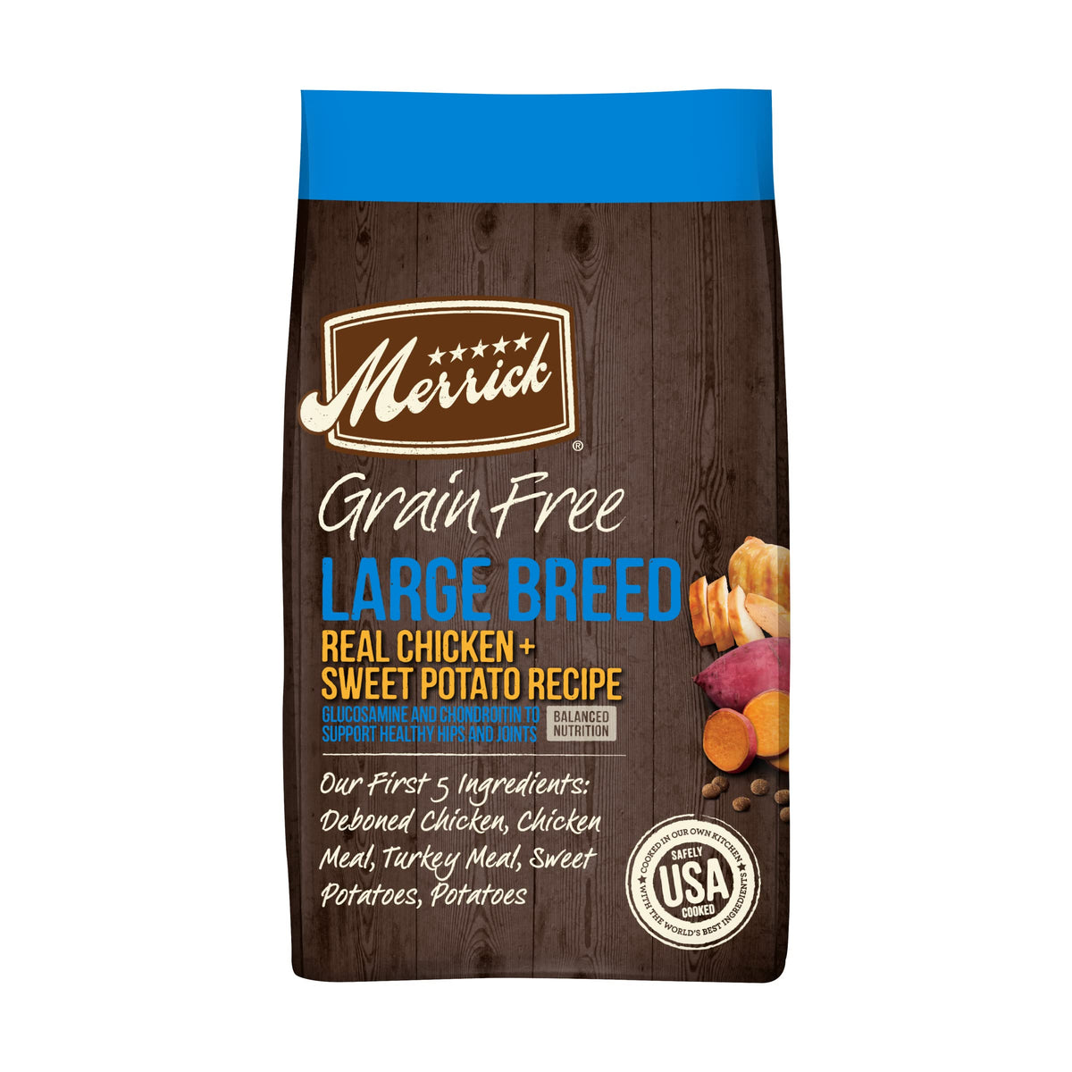 Merrick Grain Free Large Breed bag front showing real chicken ingredients for balanced nutrition