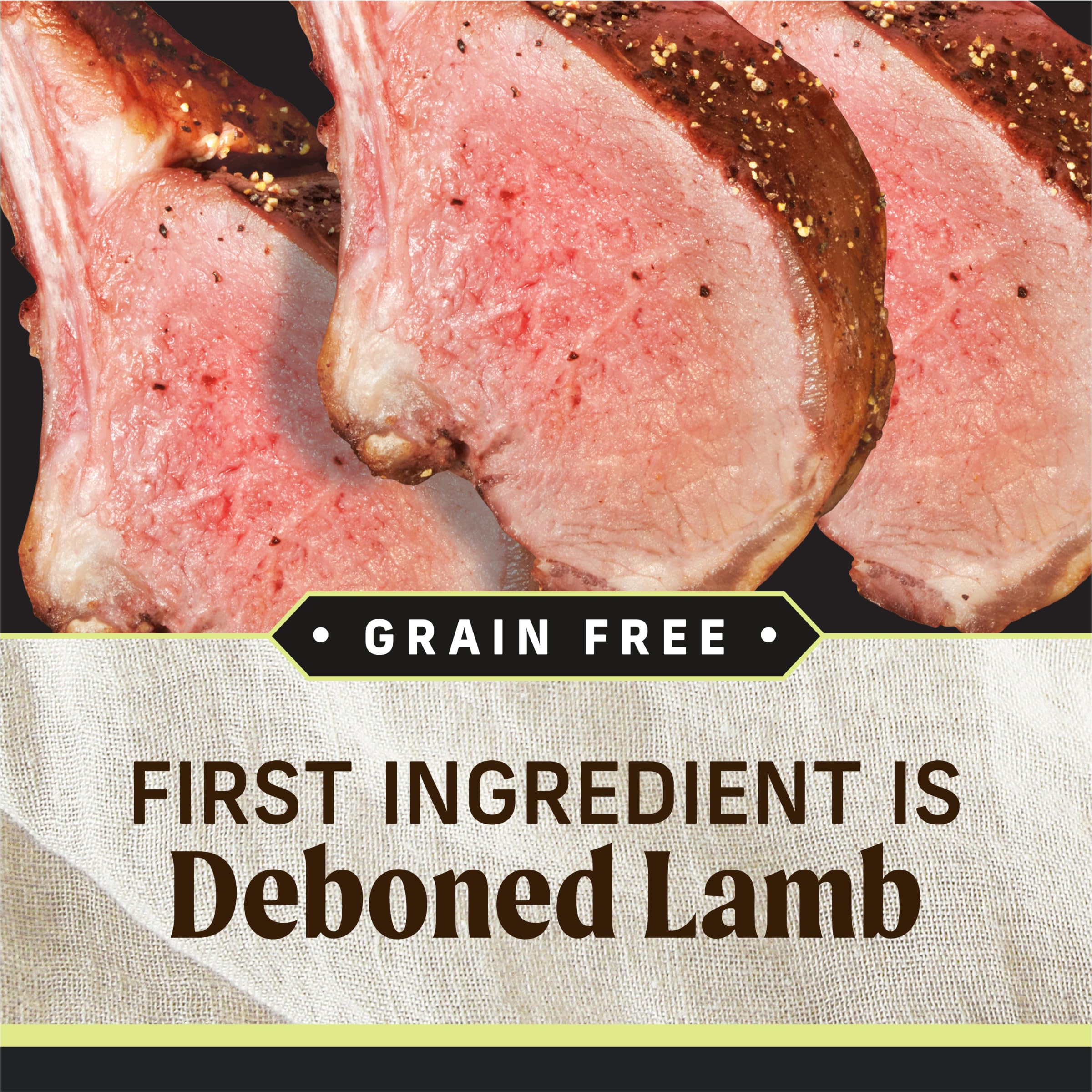 Merrick-grain-free-no-peas-lamb-label communicates poultry-free, simple protein choice.