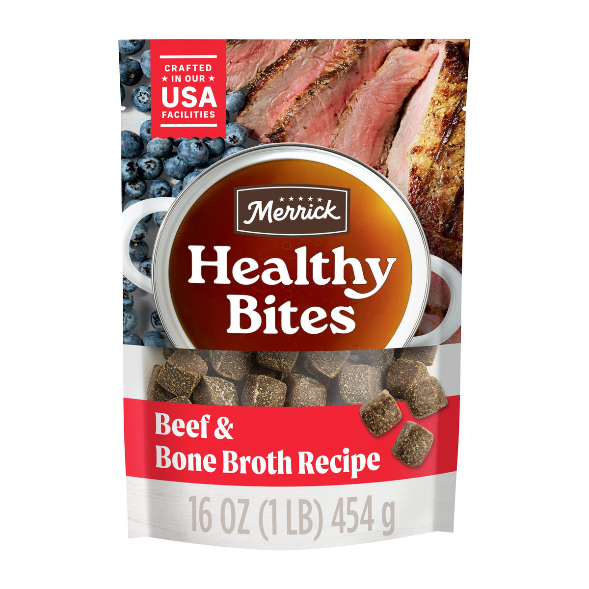 Merrick Healthy Bites beef deboned cubes in a resealable pouch for soft rewards.