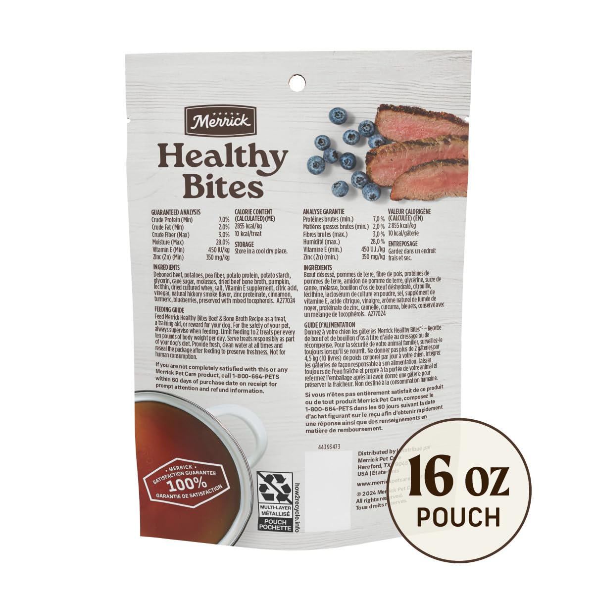 Merrick Healthy Bites resealable pouch keeps treats fresh.