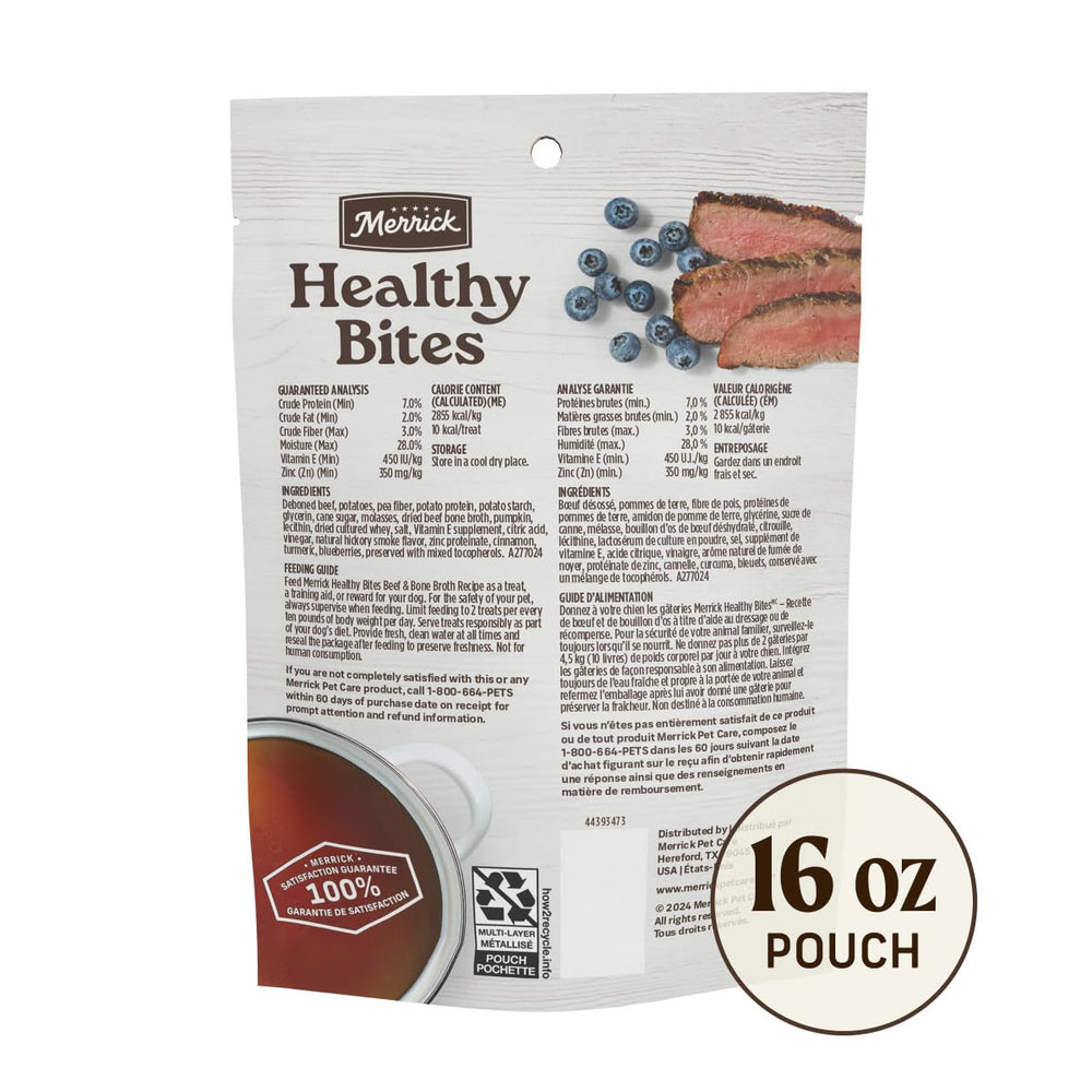 Merrick Healthy Bites resealable pouch keeps treats fresh.
