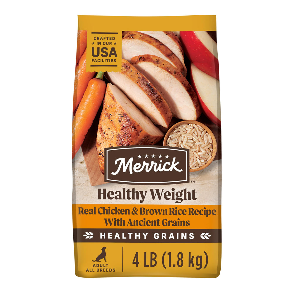 Merrick Healthy Grains bag front view, premium weight recipe for adult dogs