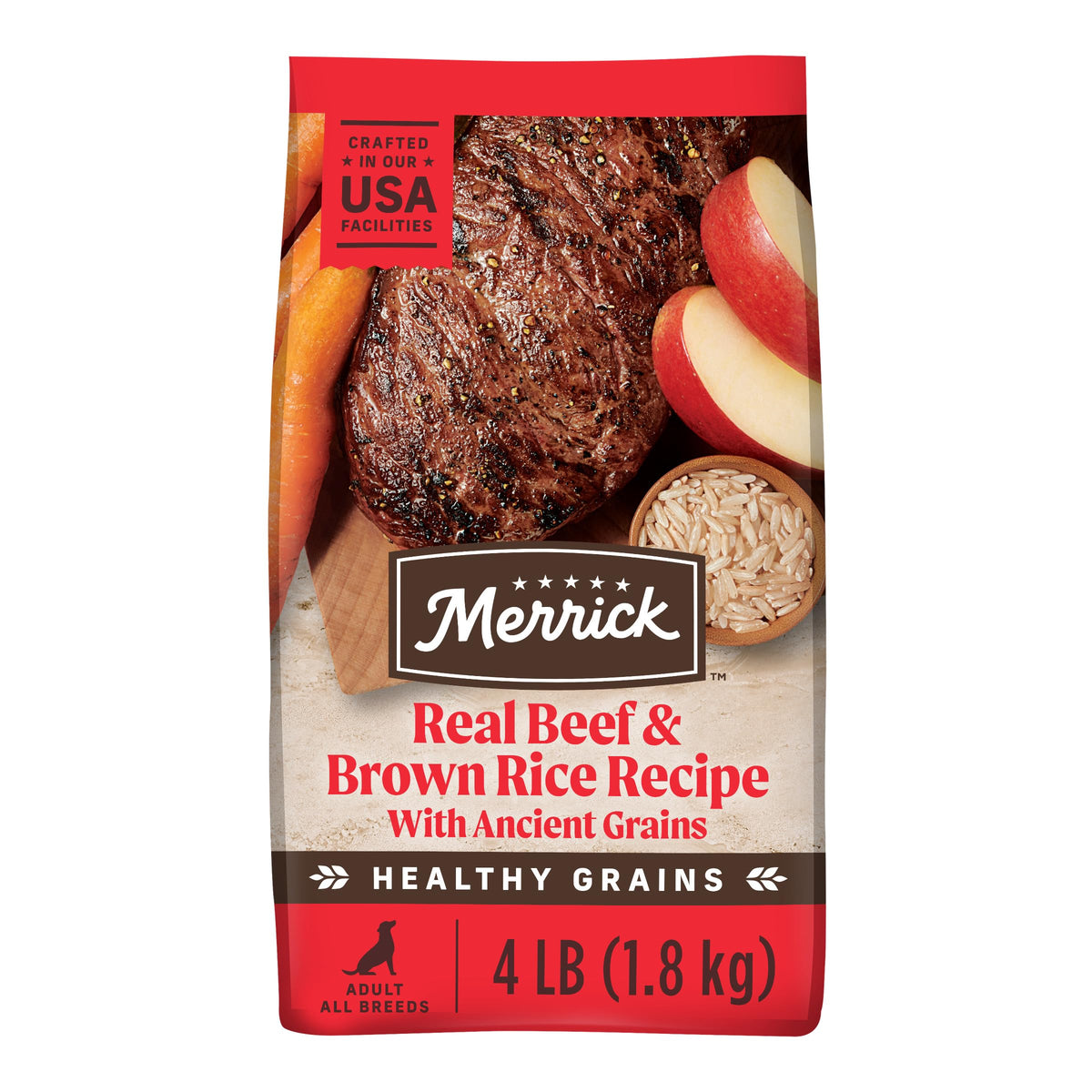 Merrick Healthy Grains beef and brown rice kibble close-up with real deboned beef.