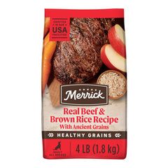 Merrick Healthy Grains beef and brown rice kibble close-up with real deboned beef.
