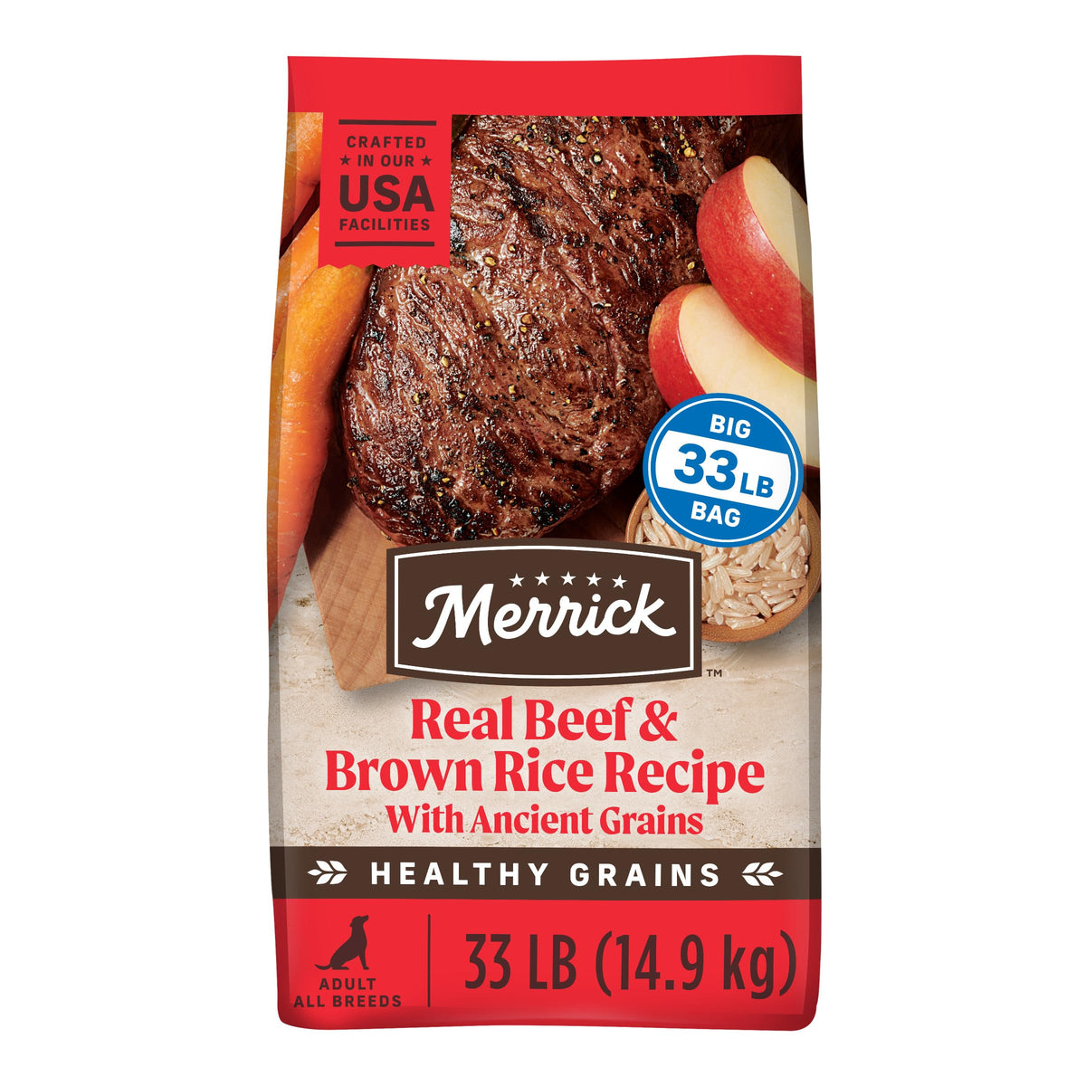 Merrick Healthy Grains bag with beef and brown rice for adult dogs.