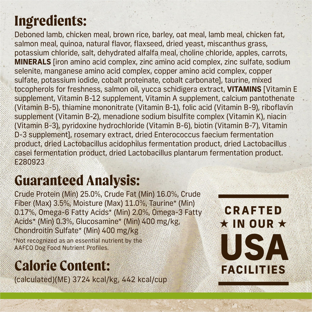 Merrick Healthy Grains feeding scene with dog bowl, presenting balanced daily nutrition
