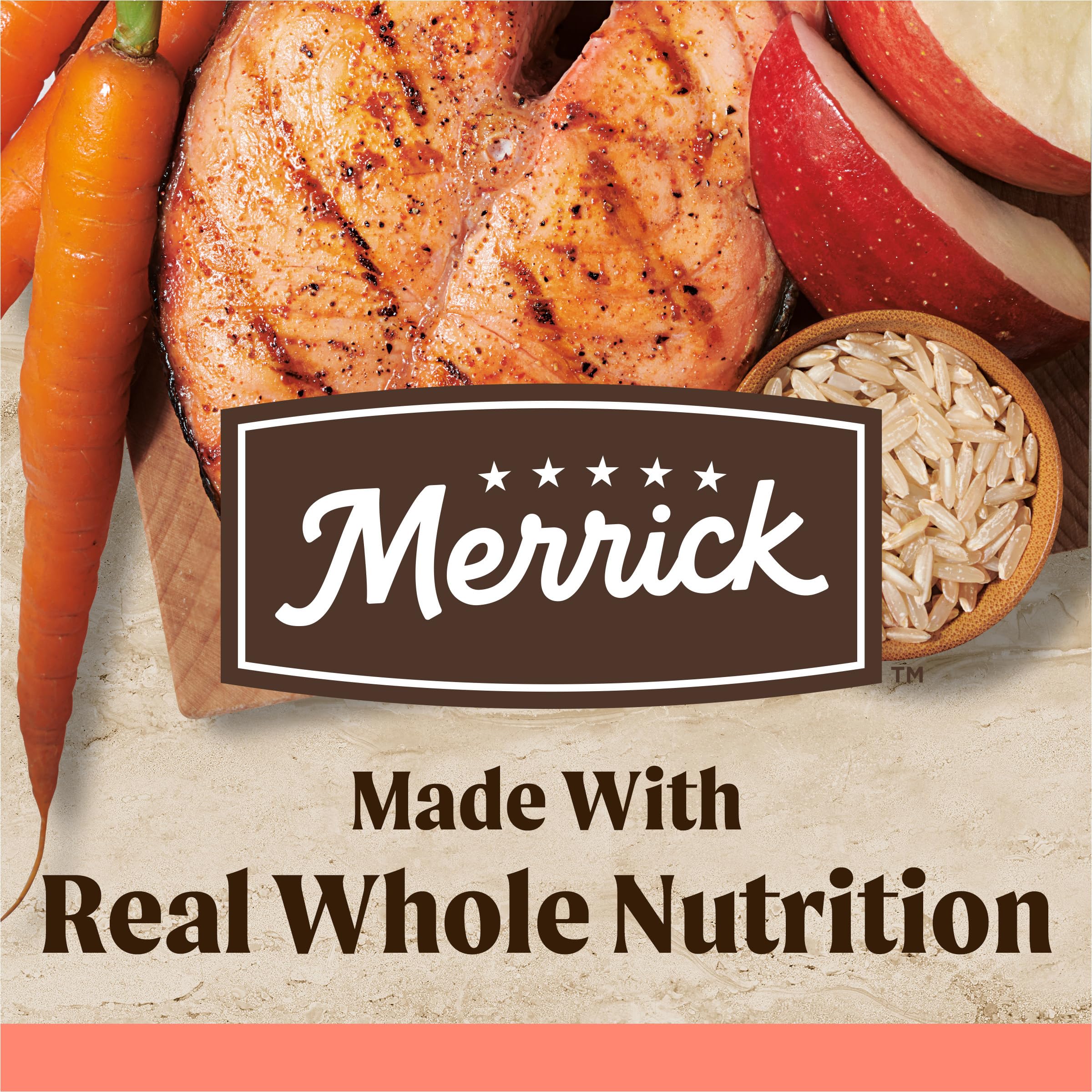 Merrick Healthy Grains kibble in a bowl, supporting lean muscle and steady energy.