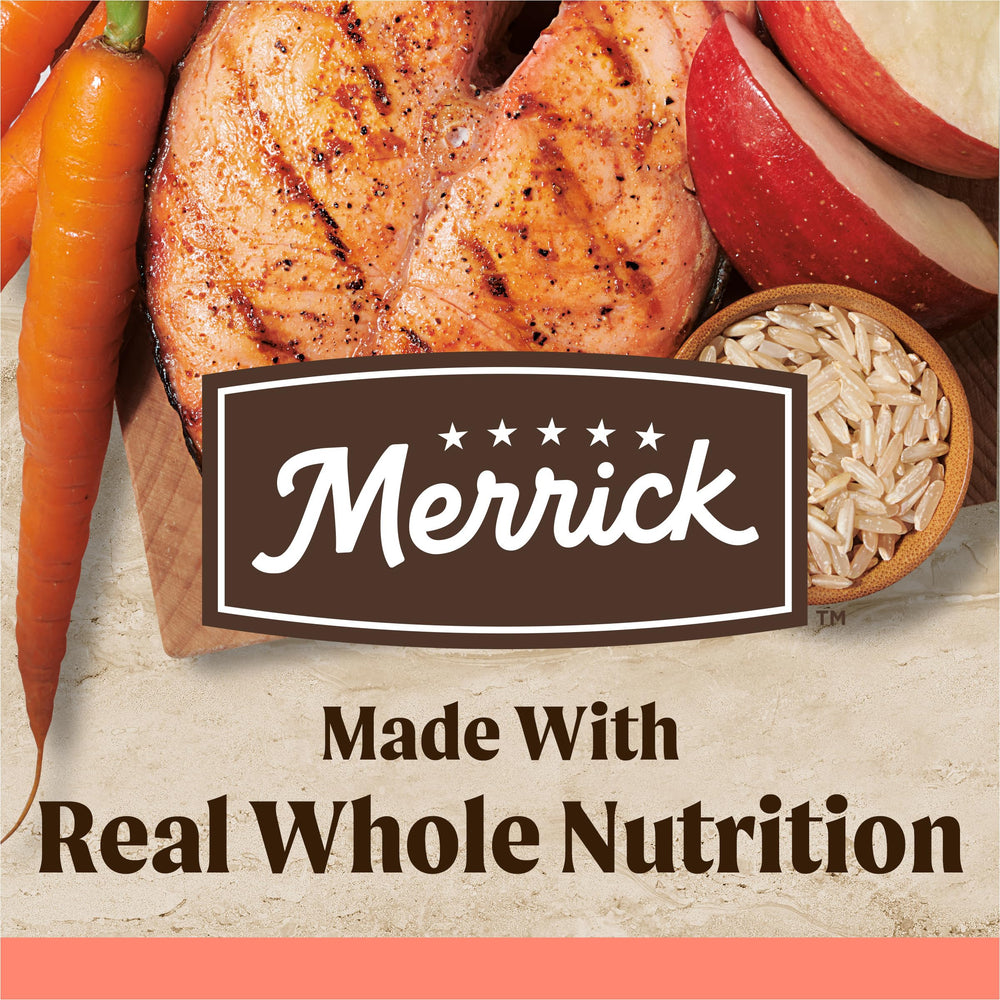 Merrick Healthy Grains kibble in a bowl, supporting lean muscle and steady energy.