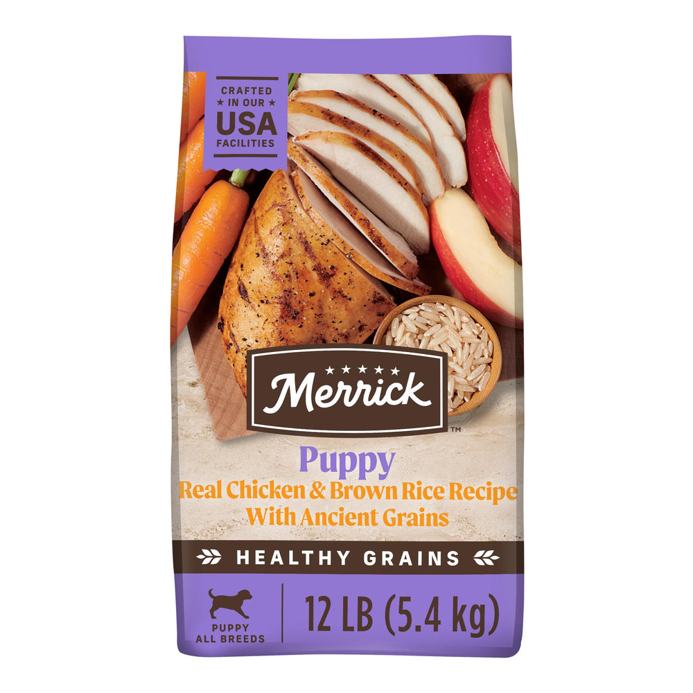 Merrick Healthy Grains Puppy Kibble in bowl supports digestion and energy