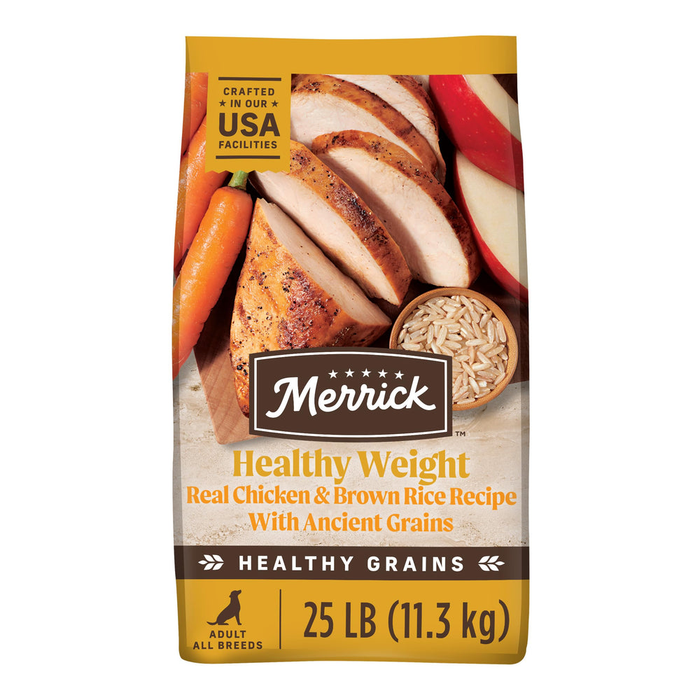 Merrick Healthy Grains bag shows real deboned chicken first ingredient for lean muscle.