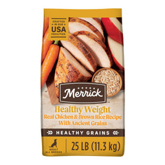 Merrick Healthy Grains bag shows real deboned chicken first ingredient for lean muscle.