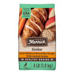 Merrick Healthy Grains Senior bag shows real chicken first ingredient for flavor and nutrition